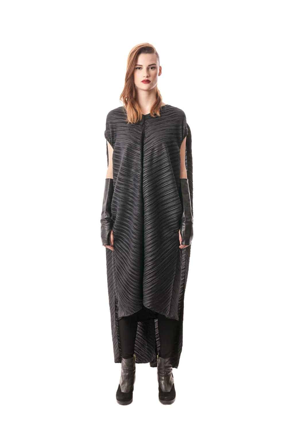 Black Giotto Pleated Cape Dress, 100% Italian PL. Fabric 