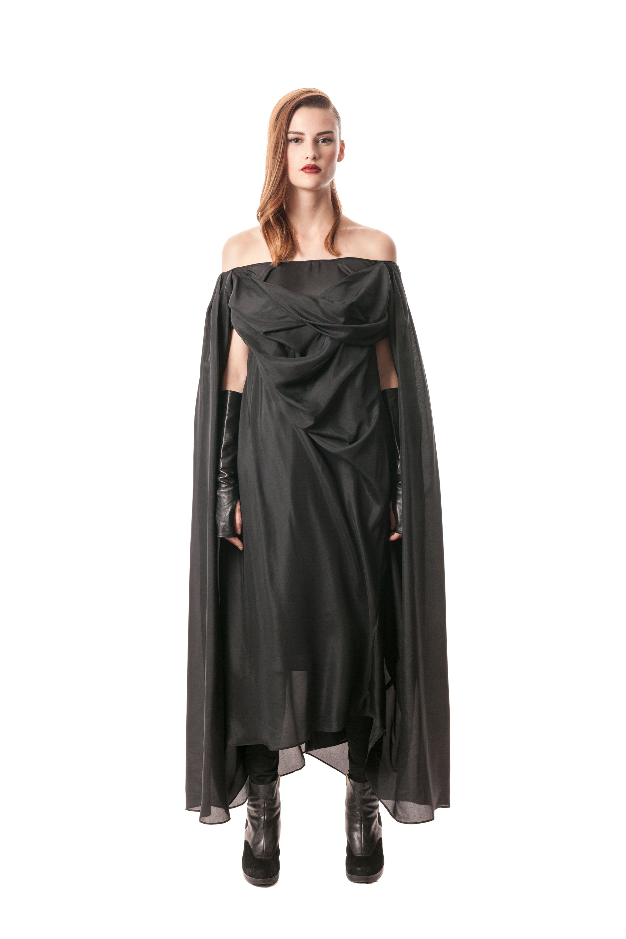 Black Silk Long Draped Gown Dress Romper