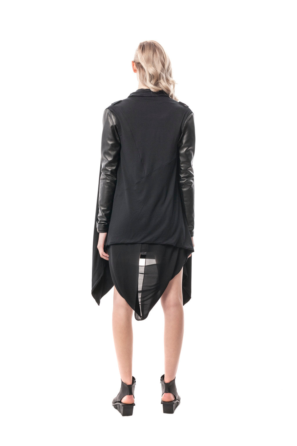 Black Trieste Leather Sweater Wrap Jacket