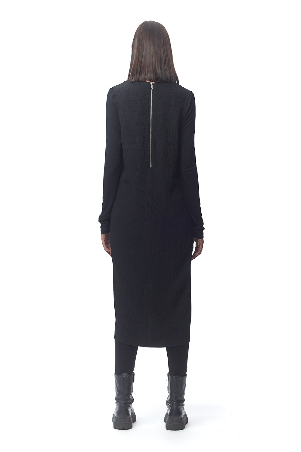 Viterbo V-Neck Dress in Hammered Satin + Jersey w/Zipper at Center Back