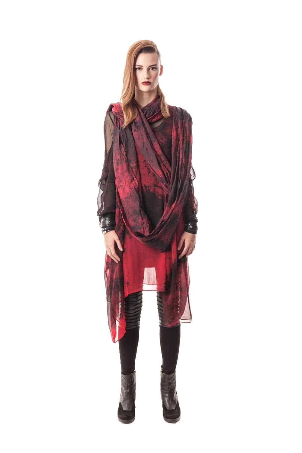 Modern hand-painted silk scarf. Versatile style, it can be worn in multiple ways knotted, twisted, wrapped or double around neck and shoulder.