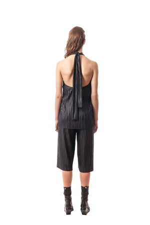 Black Taormina Pleated Convertible Halter Top. 100% PL Plisse. Made in Italy.