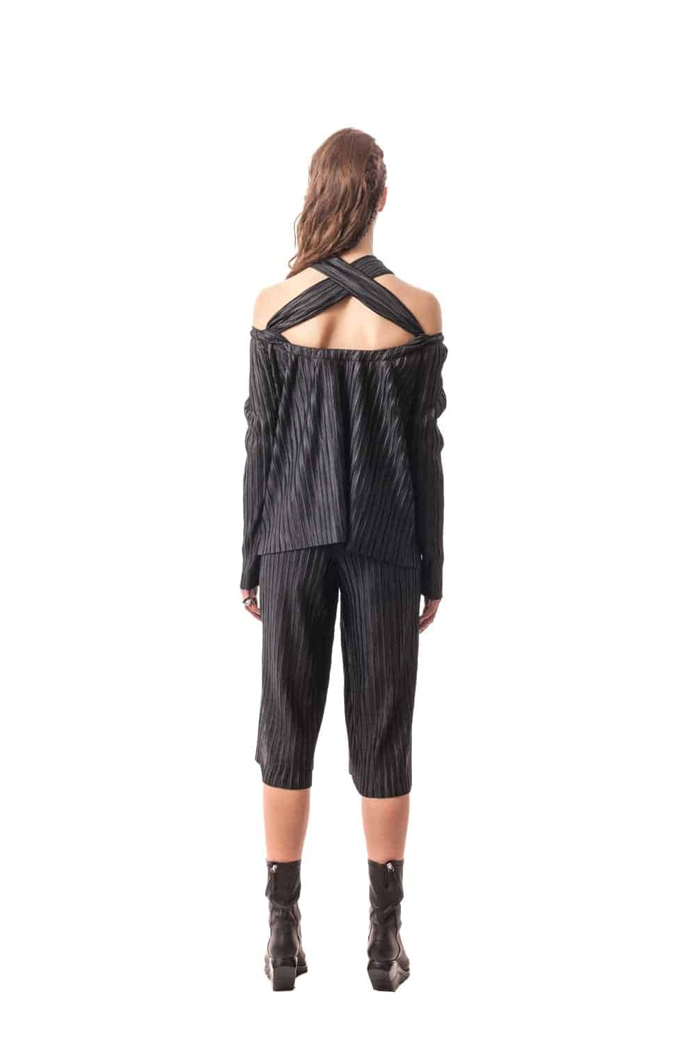 Black Taormina Pleated Convertible Halter Top. 100% PL Plisse. Made in Italy.