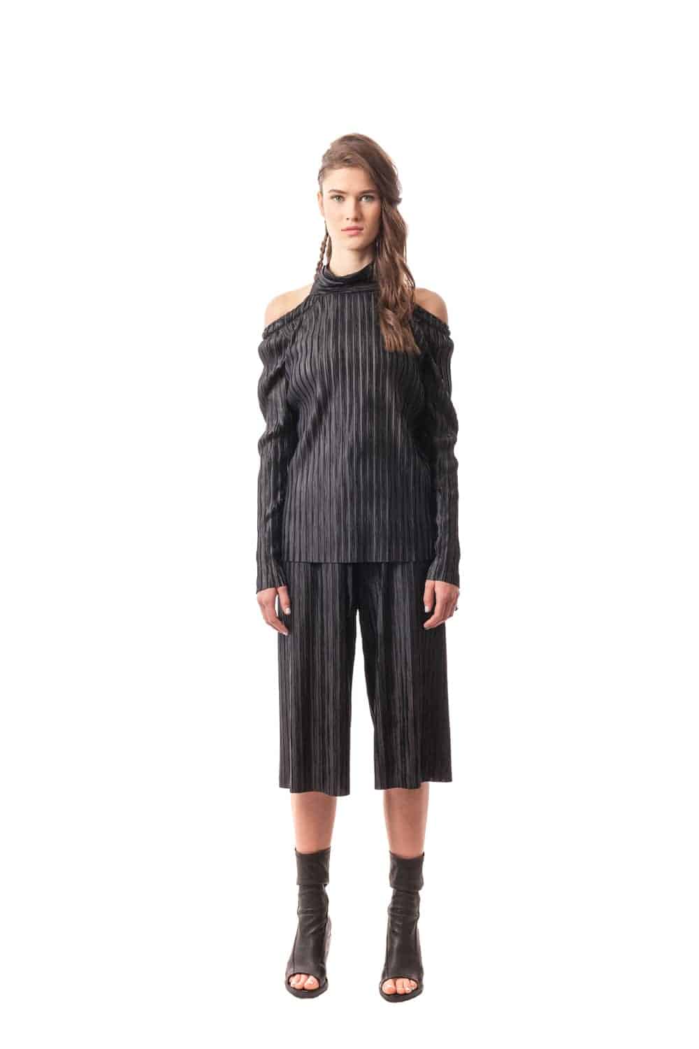 Black Taormina Pleated Convertible Halter Top. 100% PL Plisse. Made in Italy.