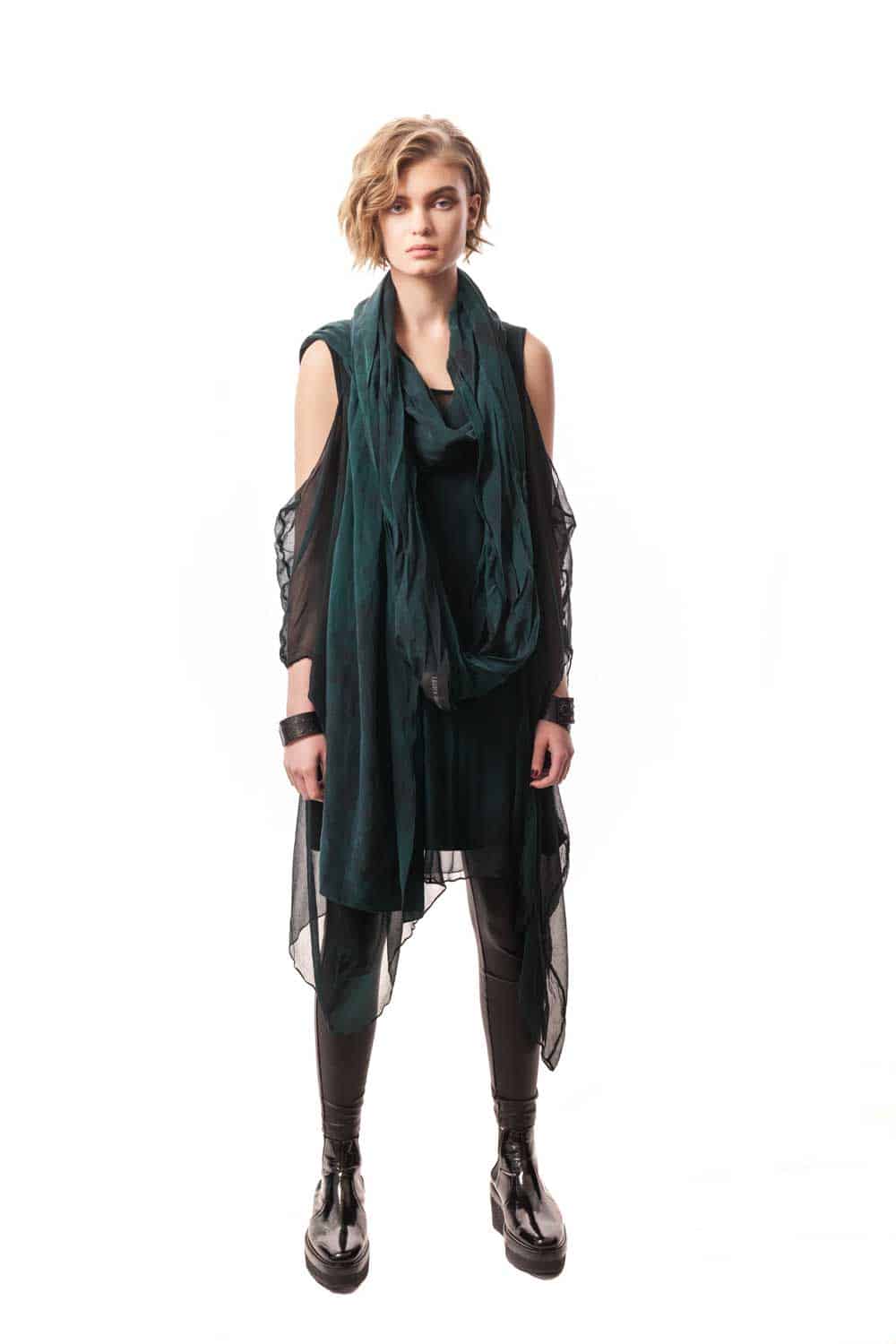 Modern hand-painted silk scarf. Versatile style, it can be worn in multiple ways knotted, twisted, wrapped or double around neck and shoulder.