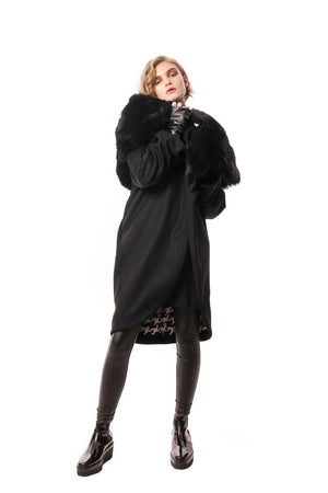 Black Cashmere Wrap Coat with Detachable Toscana Fur Collar and Silk Lining