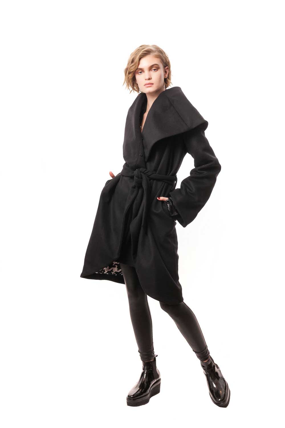 Black Cashmere Wrap Coat with Detachable Toscana Fur Collar and Silk Lining