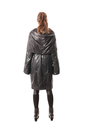 Black Signature Japanese Technical Nylon Cocoon Wrap Coat with A-Line Sleeve
