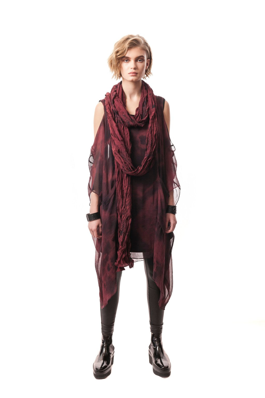 Lorenza Hand-Painted Silk Wrap. Versatile style, it can be worn in multiple ways knotted, twisted, wrapped or double around neck and shoulder.