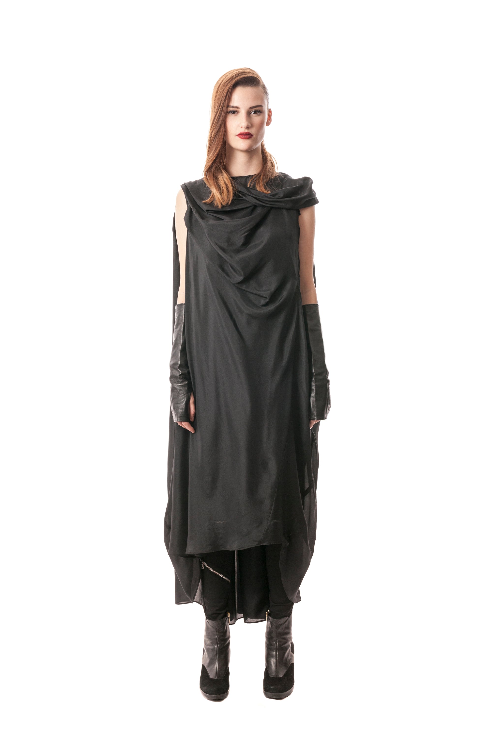 Black Silk Long Draped Gown Dress Romper