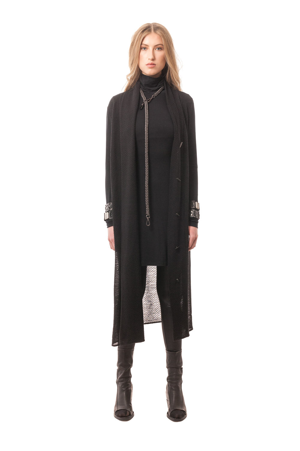 Long Black Button-Down Sheer Wool Sweater Draped Overlay Dress
