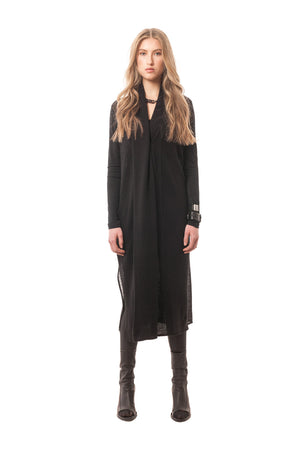 Long Black Button-Down Sheer Wool Sweater Draped Overlay Dress