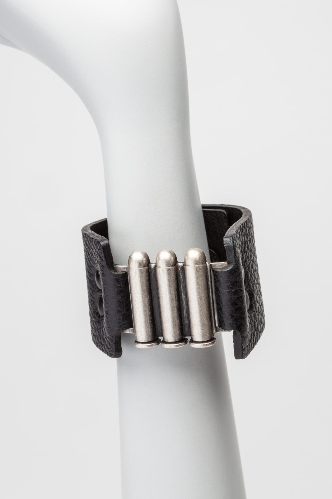 Black Leather Adjustable Snap Closure Cuff with Metal Detail