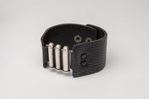 Black Leather Adjustable Snap Closure Cuff with Metal Detail