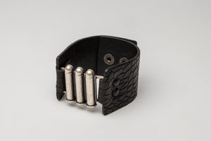 Black Embossed Leather Adjustable Snap Closure Cuff with Metal Detail